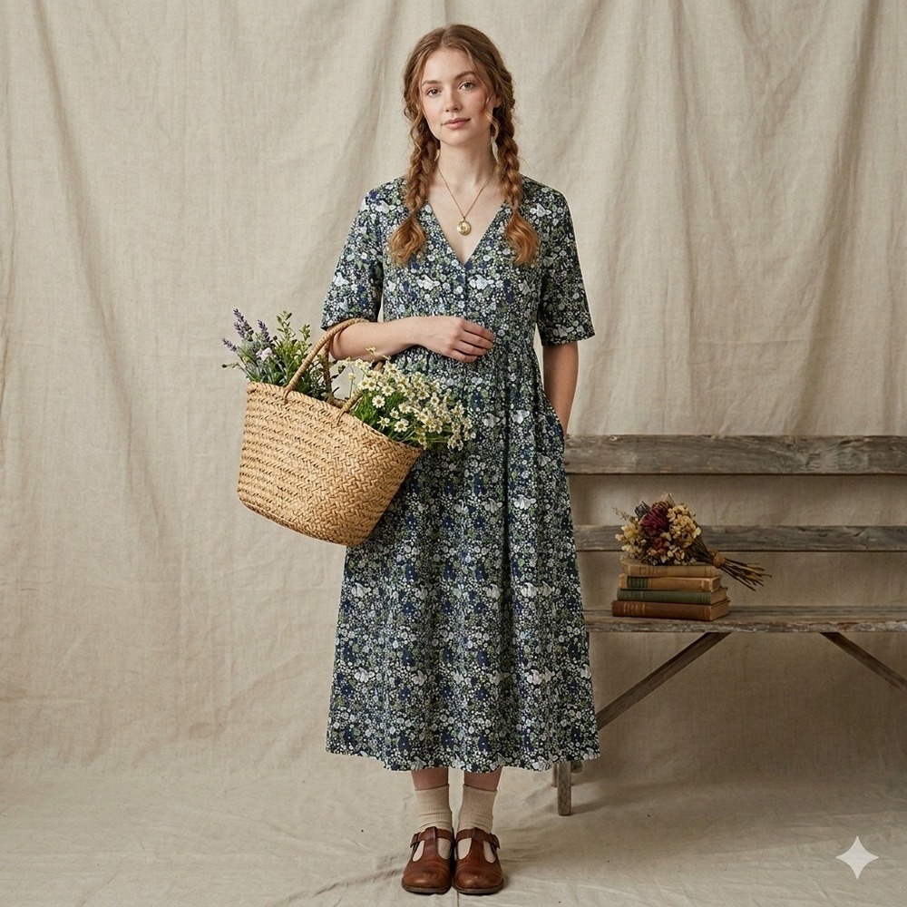 NWT Noracora‎ Rustic Cottage Floral Modest Midi Dress Womens Sz. M S/S Pockets